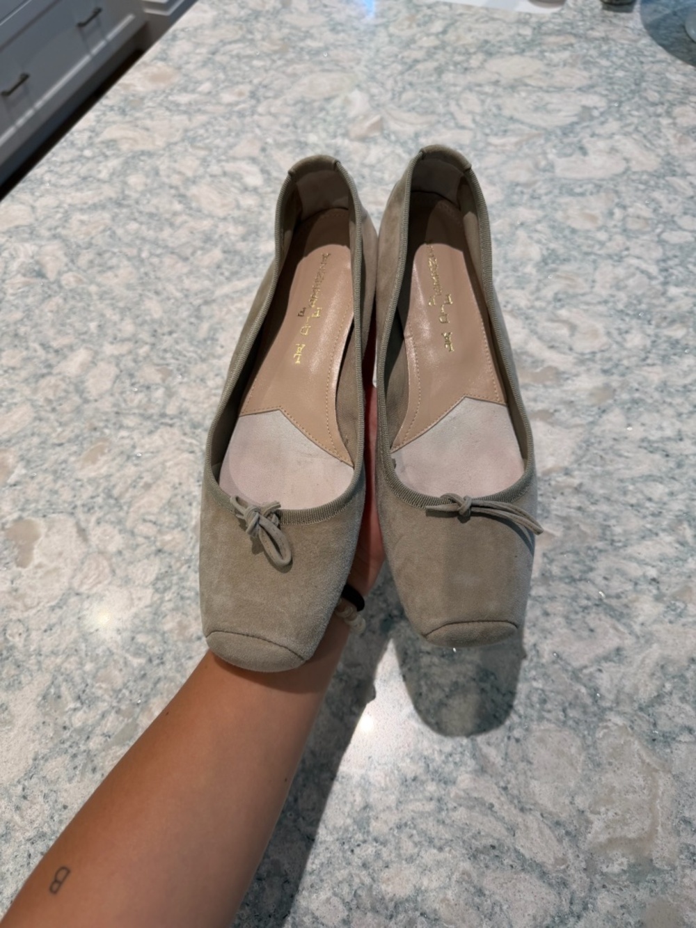 Suede Square-Toe Ballet Flats in Taupe
